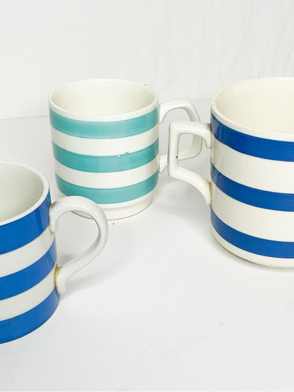 Vintage Blue & Aqua Striped Ceramic Mugs Set of 3